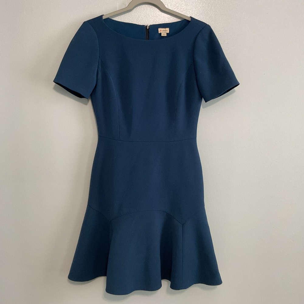 Cremieux Fit and Flare Dress Womens 2 Teal‎ Blue Short Sleeve Flounce Hem